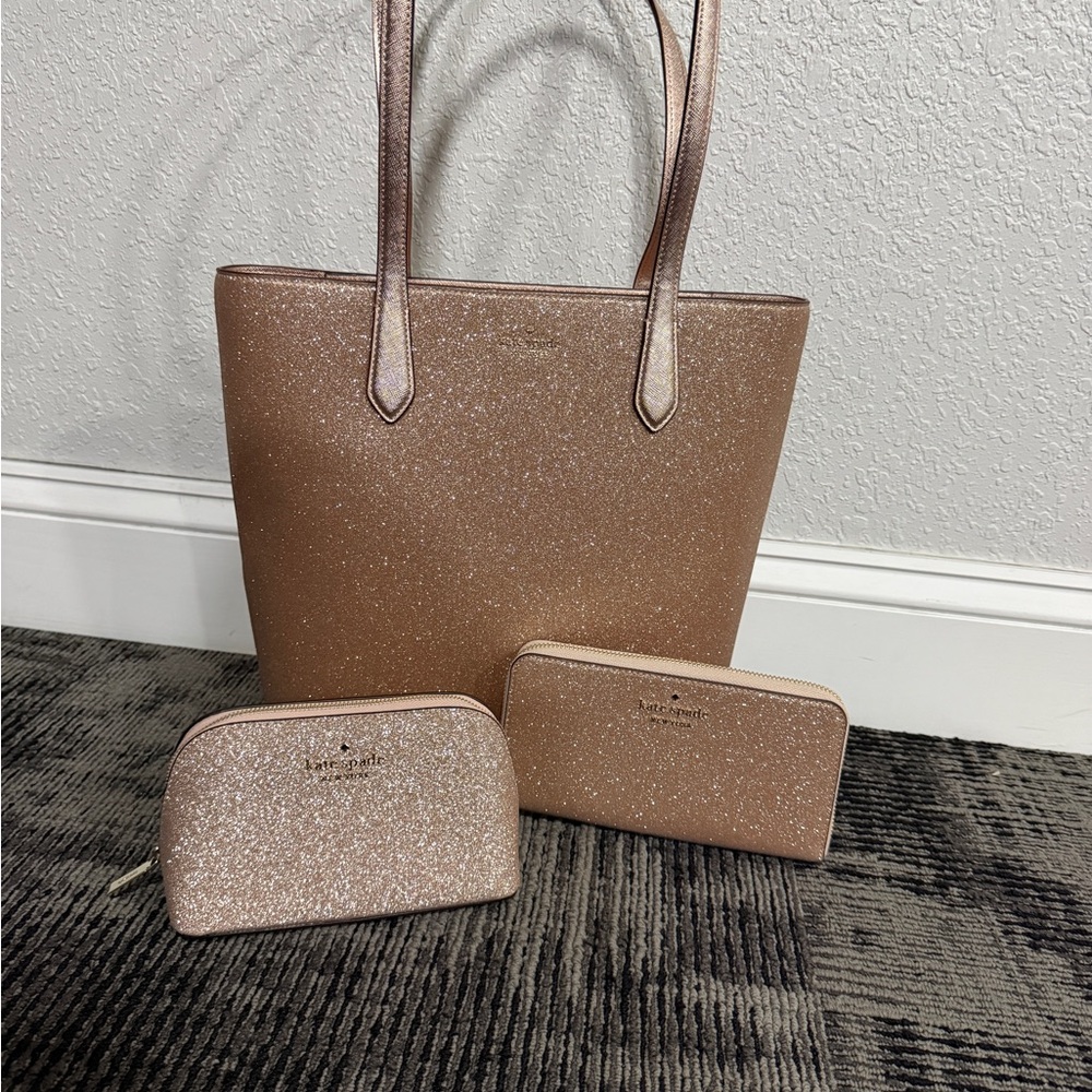 kate spade Rose Gold Glitter Tote with Matching Wallet & Cosmetic Pouch